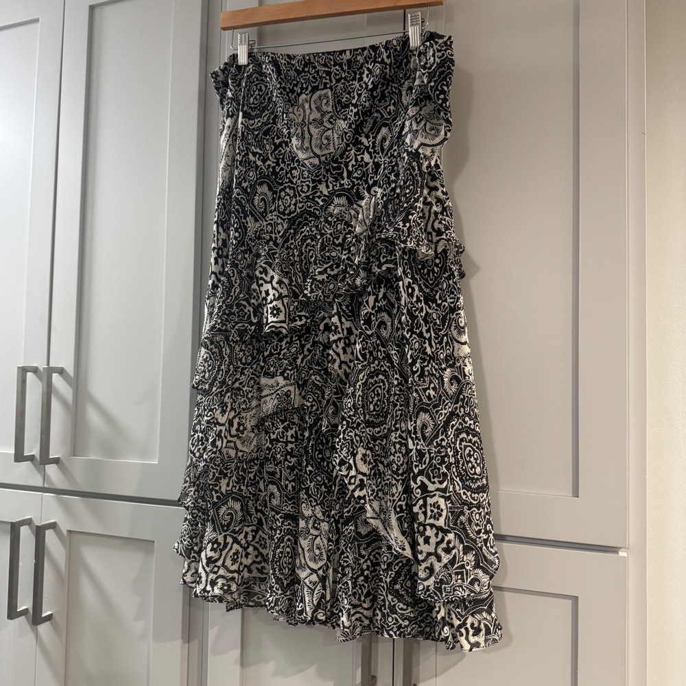 Lauren Ralph Lauren Black White Floral 100% Silk Ruffle Tiered Midi Skirt XL